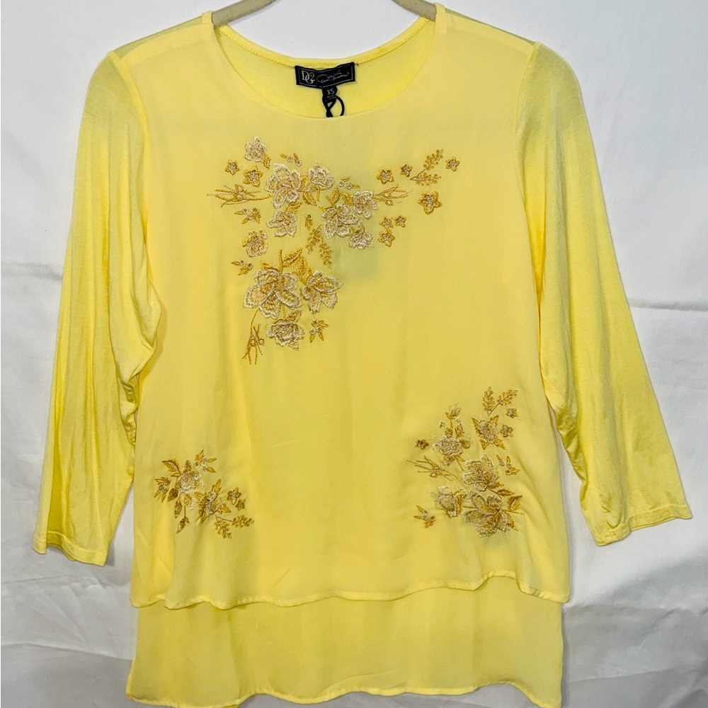 DG2 DIANE GILMAN WOMENS TOP YELLOW CHIFFON RAYON L/SLEEVE LAYERED TOP SZ XS